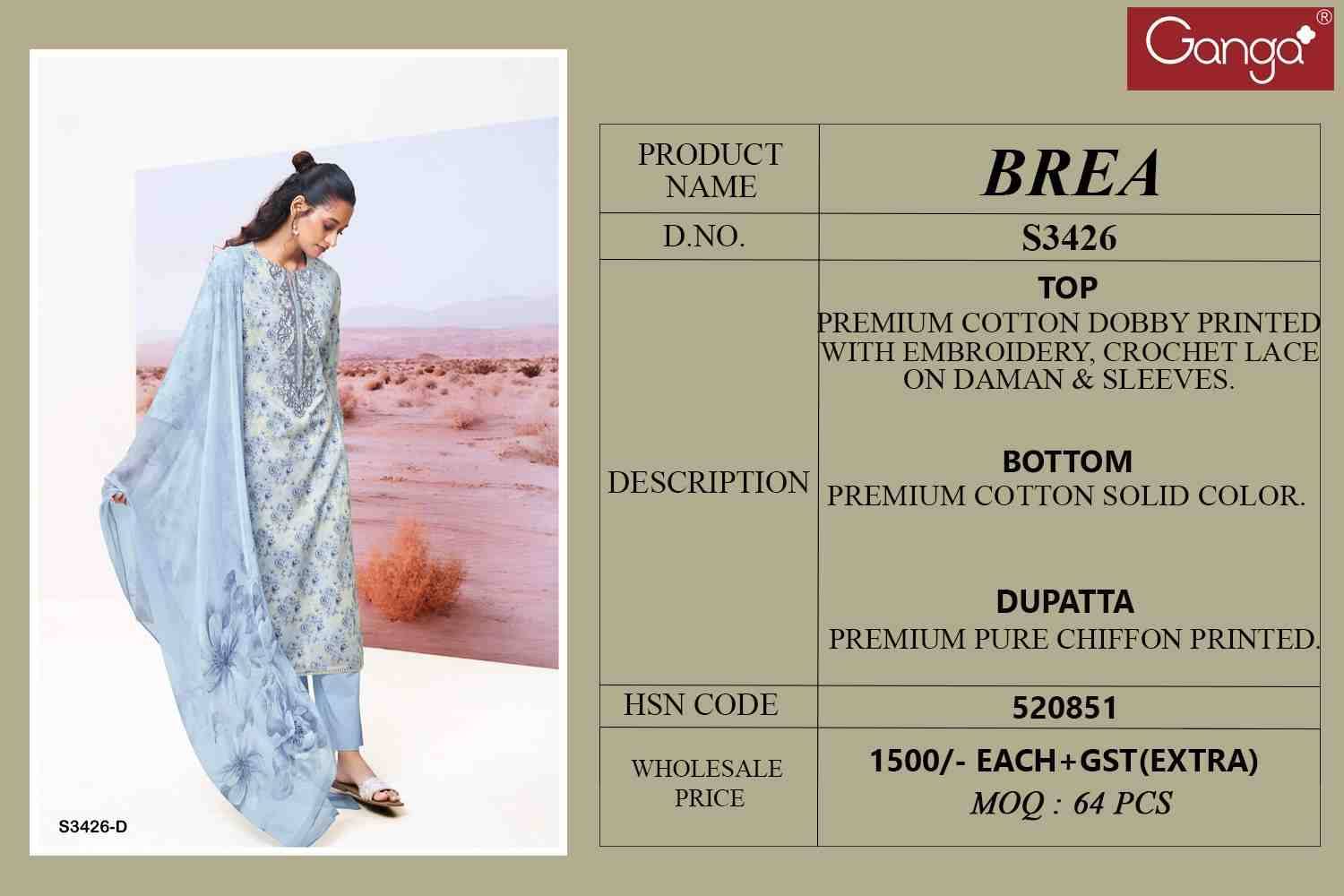 Brea-3426 By Ganga Fashion 3426-A To 3426-D Series Beautiful Festive Suits Colorful Stylish Fancy Casual Wear & Ethnic Wear Cotton Dresses At Wholesale Price