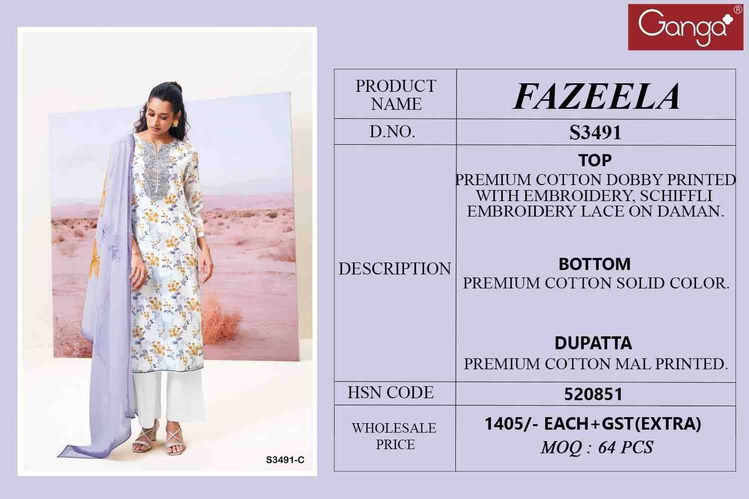 Fazeela-3491 By Ganga Fashion 3491-A To 3491-D Series Beautiful Festive Suits Colorful Stylish Fancy Casual Wear & Ethnic Wear Cotton Dresses At Wholesale Price
