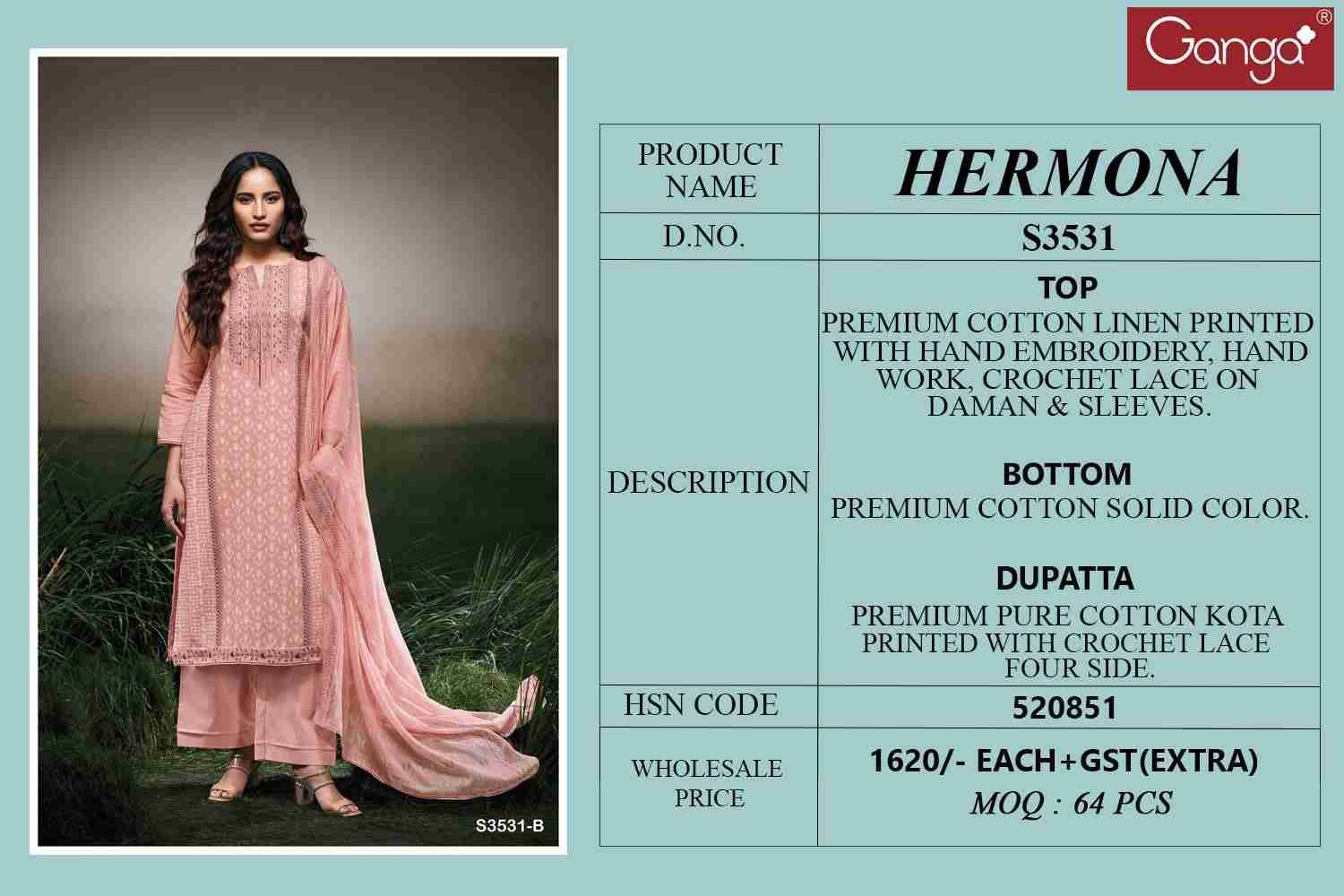 Hermona-3531 By Ganga Fashion 3591-A To 3531-D Series Beautiful Festive Suits Colorful Stylish Fancy Casual Wear & Ethnic Wear Cotton Linen Dresses At Wholesale Price