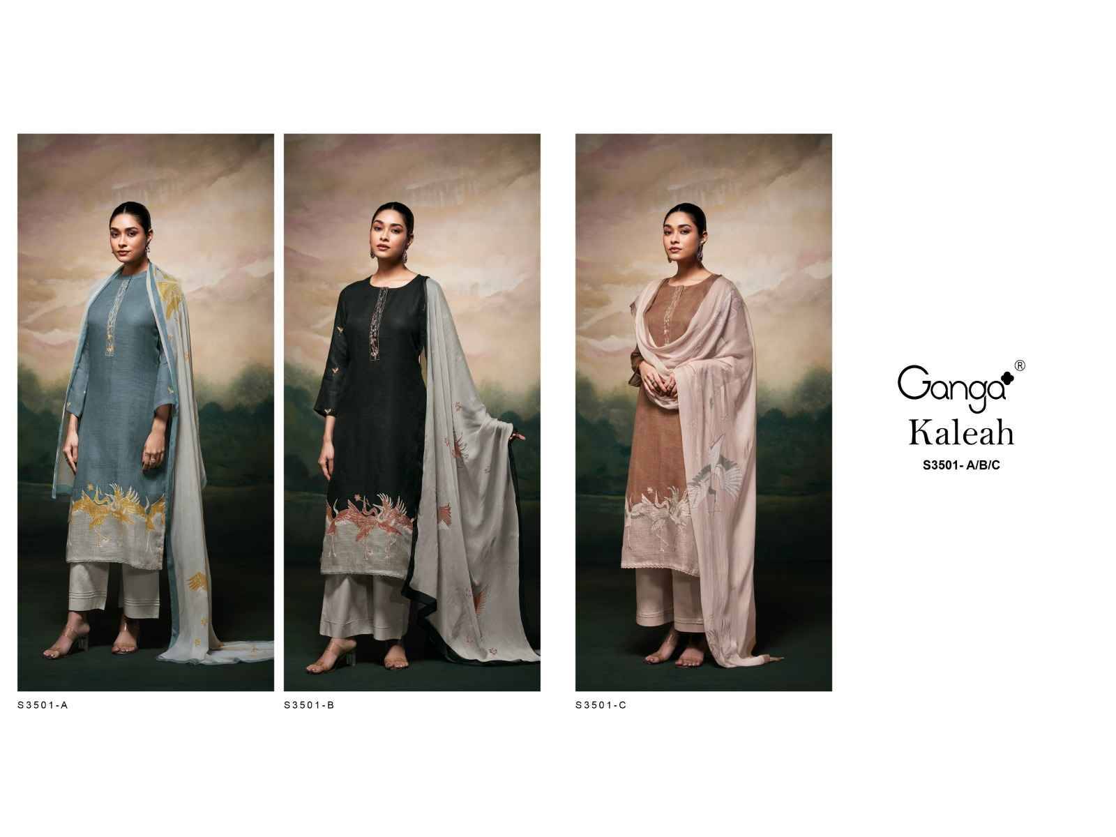 Kaleah-3501 By Ganga Fashion 3501-A To 3501-C Series Beautiful Festive Suits Colorful Stylish Fancy Casual Wear & Ethnic Wear Pure Linen Dresses At Wholesale Price