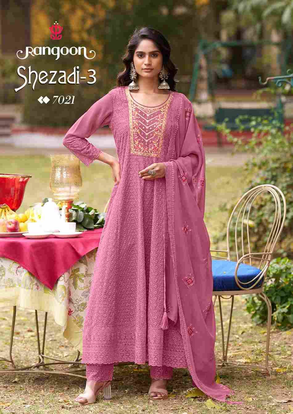 Shezadi Vol-3 By Rangoon 7021 To 7024 Series Designer Festive Suits Beautiful Stylish Fancy Colorful Party Wear & Occasional Wear Georgette With Work Dresses At Wholesale Price