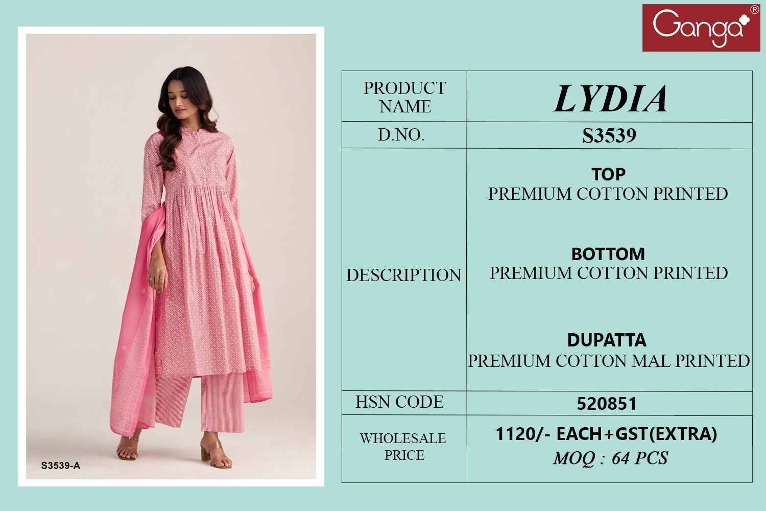 Lydia-3539 By Ganga Fashion 3539-A To 3539-D Series Beautiful Festive Suits Colorful Stylish Fancy Casual Wear & Ethnic Wear Pure Cotton Dresses At Wholesale Price