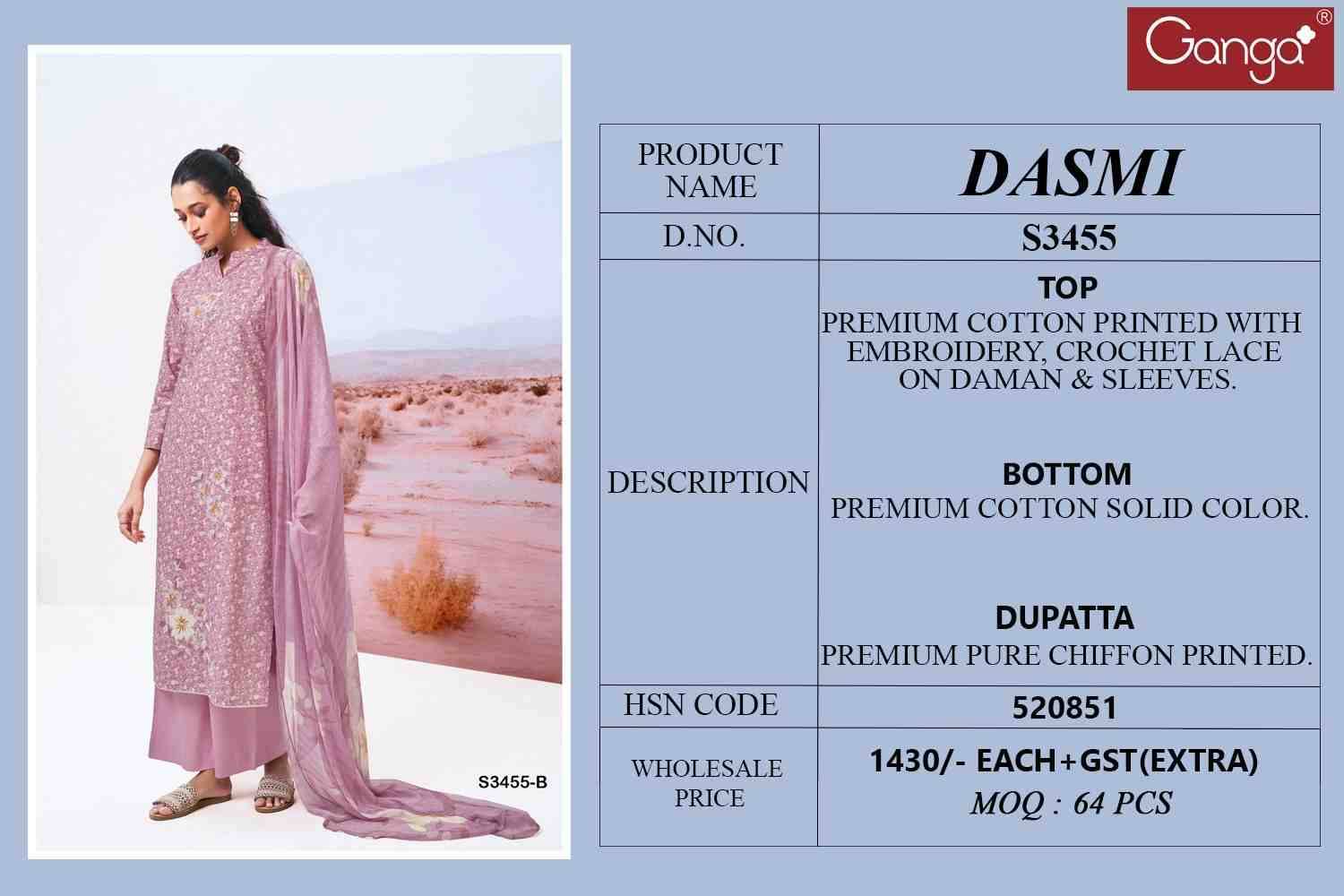 Dasmi-3455 By Ganga Fashion 3455-A To 3455-D Series Beautiful Festive Suits Colorful Stylish Fancy Casual Wear & Ethnic Wear Pure Cotton Dresses At Wholesale Price