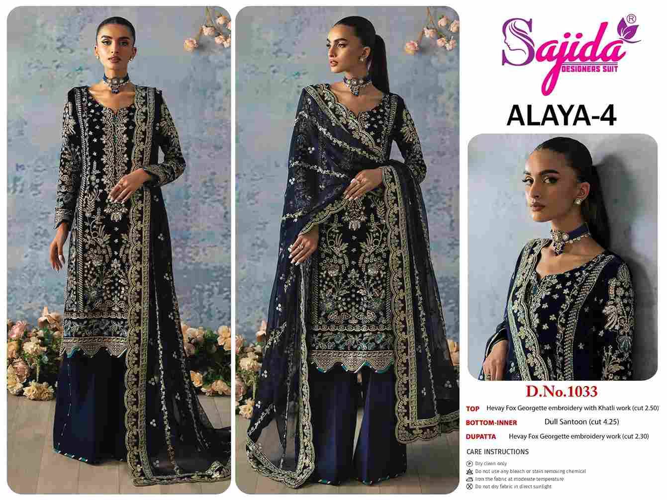 Alaya Vol-4 By Sajida Designer Suits 1033 To 1035 Series Beautiful Pakistani Suits Colorful Stylish Fancy Casual Wear & Ethnic Wear Faux Georgette Embroidered Dresses At Wholesale Price
