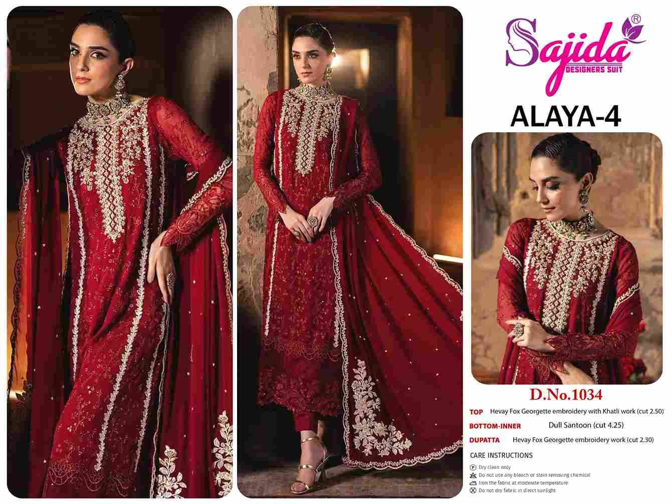 Alaya Vol-4 By Sajida Designer Suits 1033 To 1035 Series Beautiful Pakistani Suits Colorful Stylish Fancy Casual Wear & Ethnic Wear Faux Georgette Embroidered Dresses At Wholesale Price