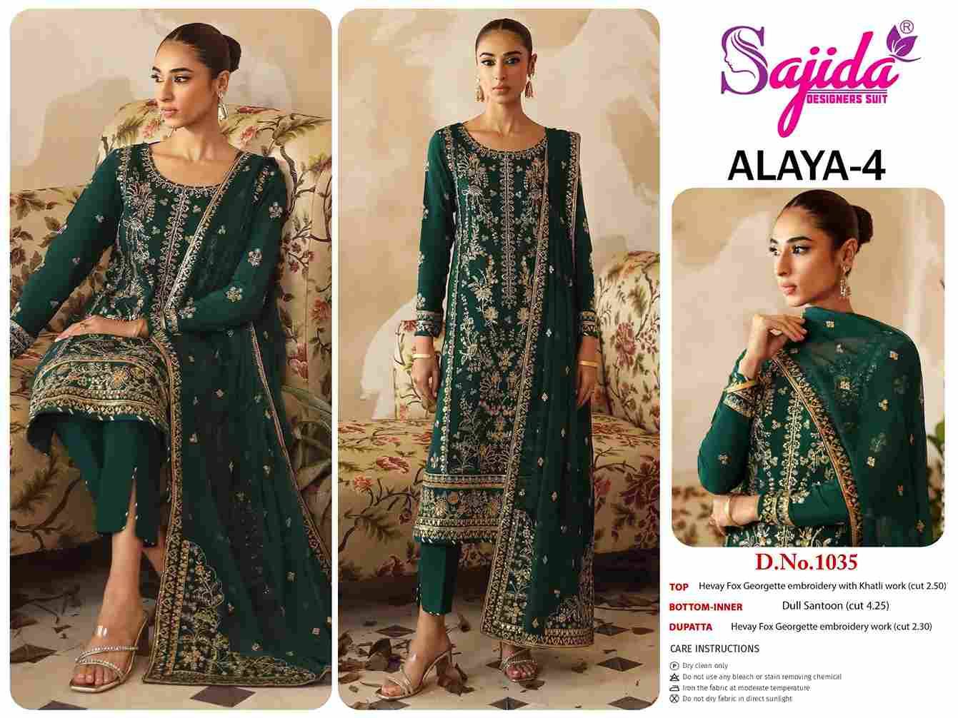 Alaya Vol-4 By Sajida Designer Suits 1033 To 1035 Series Beautiful Pakistani Suits Colorful Stylish Fancy Casual Wear & Ethnic Wear Faux Georgette Embroidered Dresses At Wholesale Price