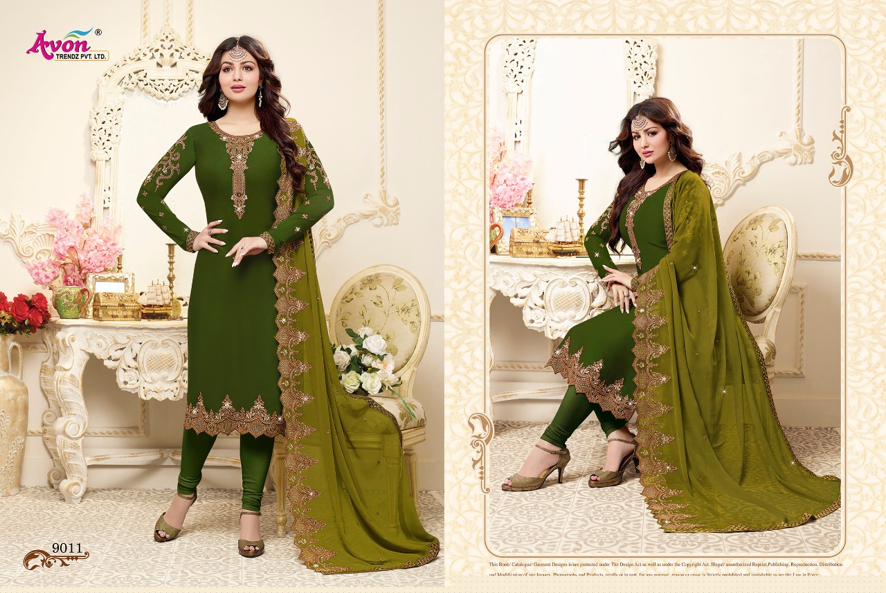Fashionista Vol-6 By Avon Trendz 9011 To 9017 Series Beautiful Designer Embroidered Suits Colorful Fancy Party Wear & Occasional Wear Stin Silk Georgette Dresses At Wholesale Price