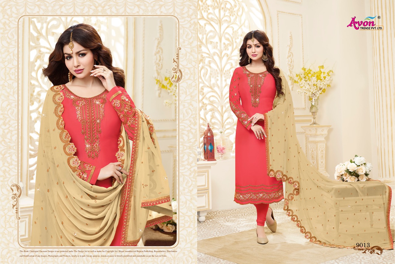 Fashionista Vol-6 By Avon Trendz 9011 To 9017 Series Beautiful Designer Embroidered Suits Colorful Fancy Party Wear & Occasional Wear Stin Silk Georgette Dresses At Wholesale Price