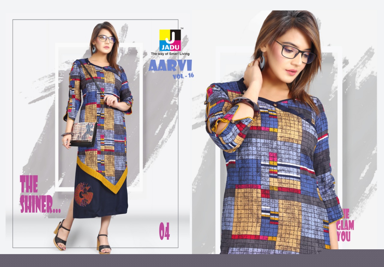 Aarvi Vol-16 By Jadu 01 To 10 Series 01 To 10 Series Beautiful Stylish Colorful Fancy Party Wear & Ethnic Wear & Ready To Wear Rayon Printed Kurtis At Wholesale Price