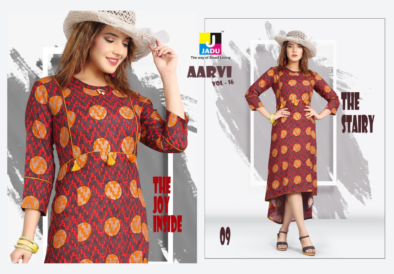 Aarvi Vol-16 By Jadu 01 To 10 Series 01 To 10 Series Beautiful Stylish Colorful Fancy Party Wear & Ethnic Wear & Ready To Wear Rayon Printed Kurtis At Wholesale Price