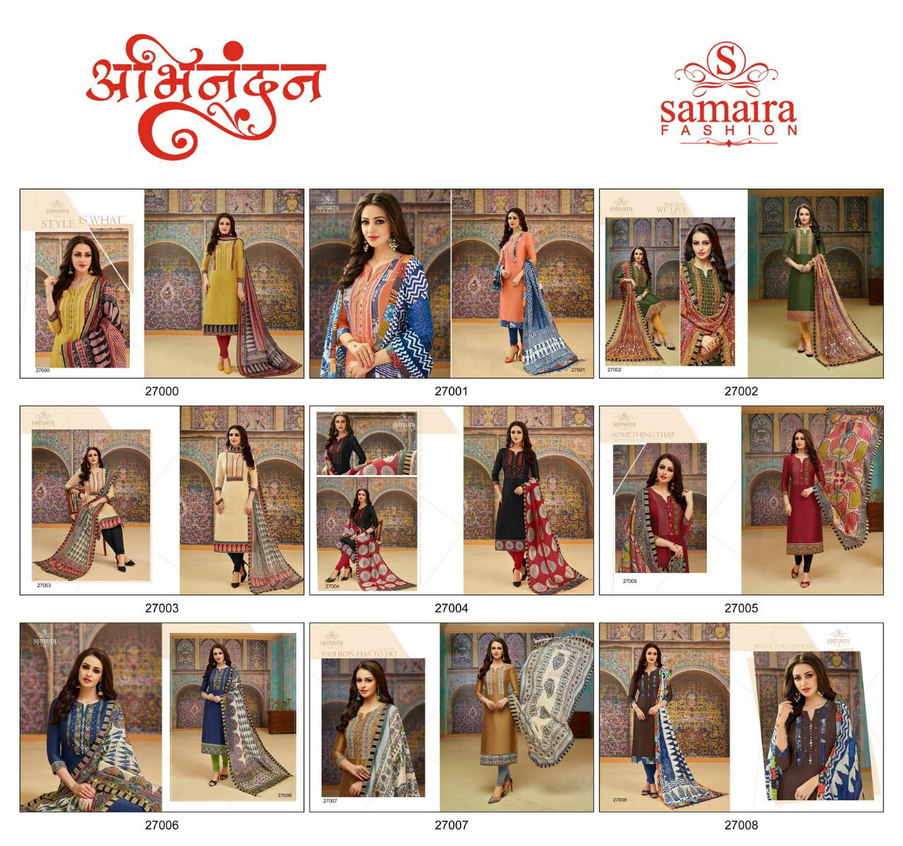 Abhinandan By Samaira Fashion 27000 To 27008 Series Beautiful Suits Colorful Stylish Fancy Casual Wear & Ethnic Wear Pure Jam Silk Print With Embroidery Dresses At Wholesale Price