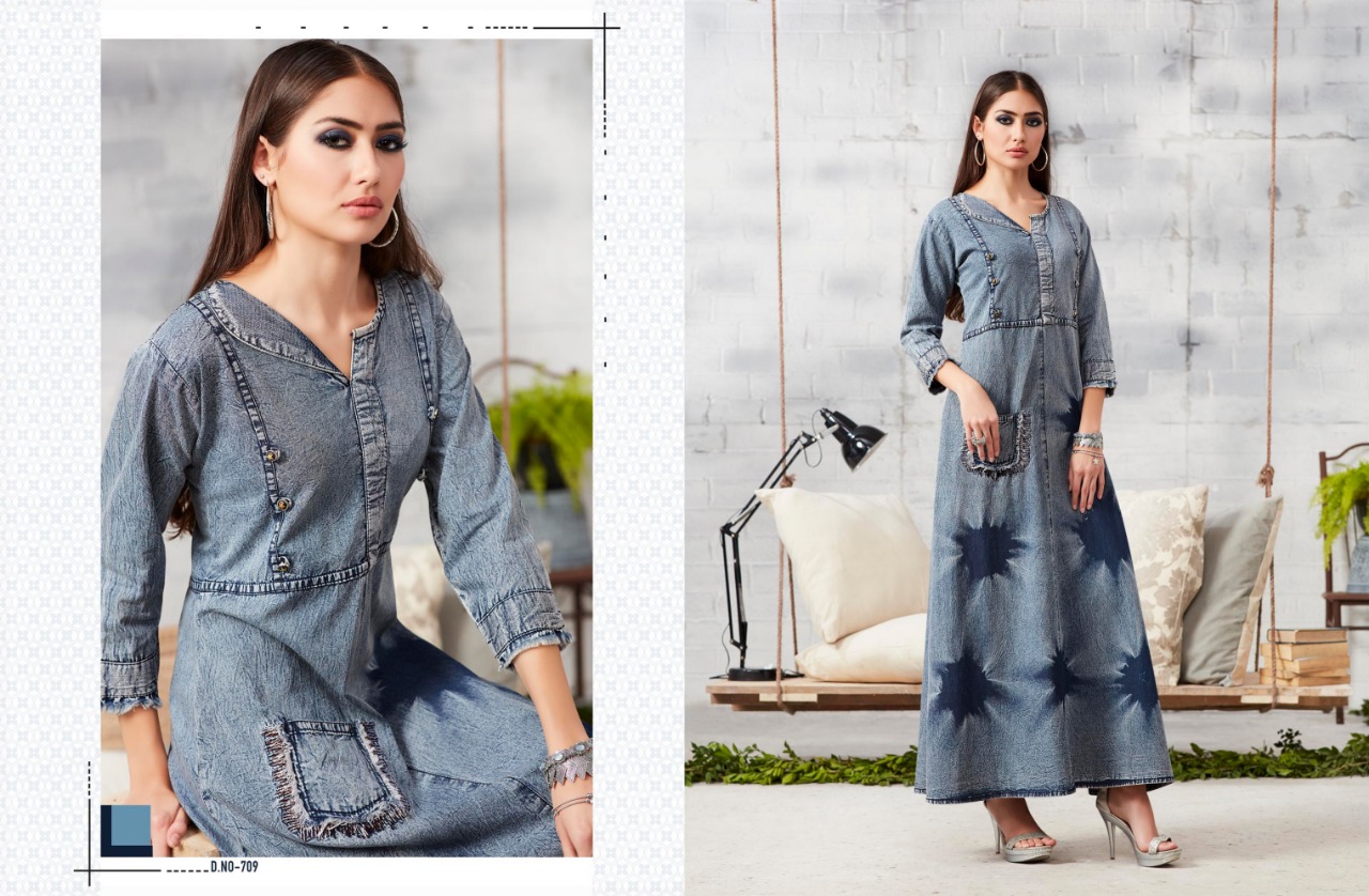 Blue Lee Vol-2 By Kajree Fashion 701 To 712 Series Beautiful Colorful Stylish Fancy Casual Wear & Ethnic Wear & Ready To Wear Denim Embroidered Kurtis At Wholesale Price