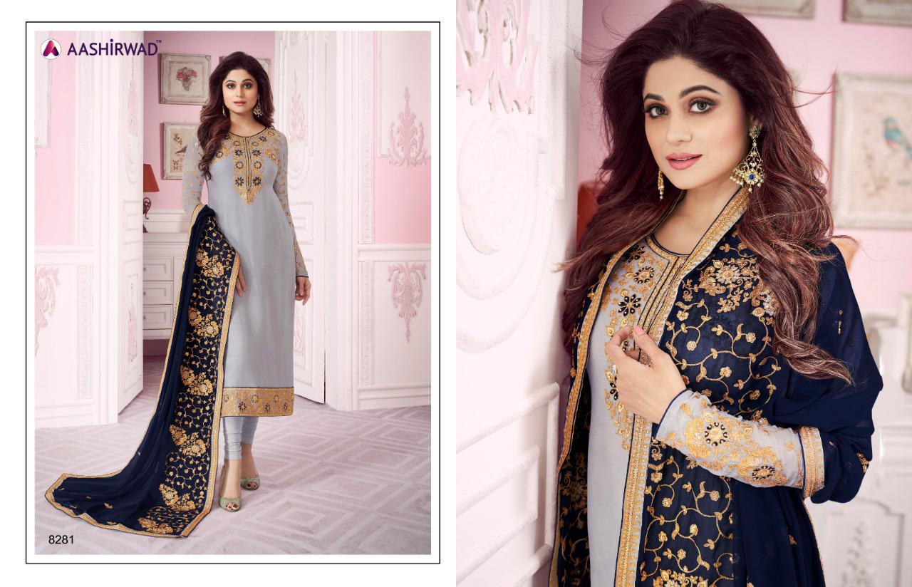 Classic Heavy Dupatta By Aashirwad Creation 8279 To 8284 Series Designer Suits Collection Beautiful Stylish Fancy Colorful Party Wear & Occasional Wear Real Georgette Embroidered Dresses At Wholesale Price
