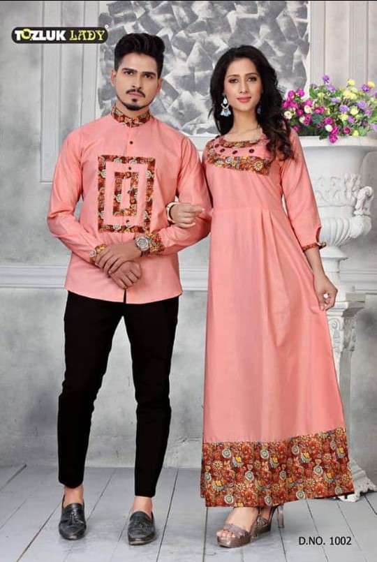 Couple Dress By Tozluk Lady 1001 To 1007 Series Beautiful Stylish Colorful Fancy Party Wear & Ethnic Wear & Ready To Wear Cotton Digital Printed Kurtis With Shirts At Wholesale Price