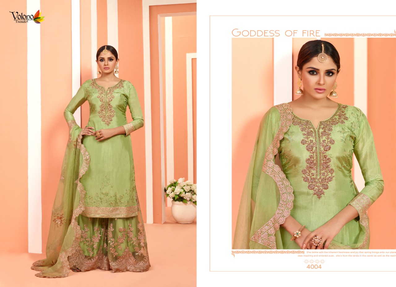 Dulhan Vol-4 By Volono Trendz 4001 To 4006 Series Designer Sharara Suits Beautiful Stylish Fancy Colorful Party Wear & Ethnic Wear Faux Georgette Digital Print With Embroidery Work Dresses At Wholesale Price