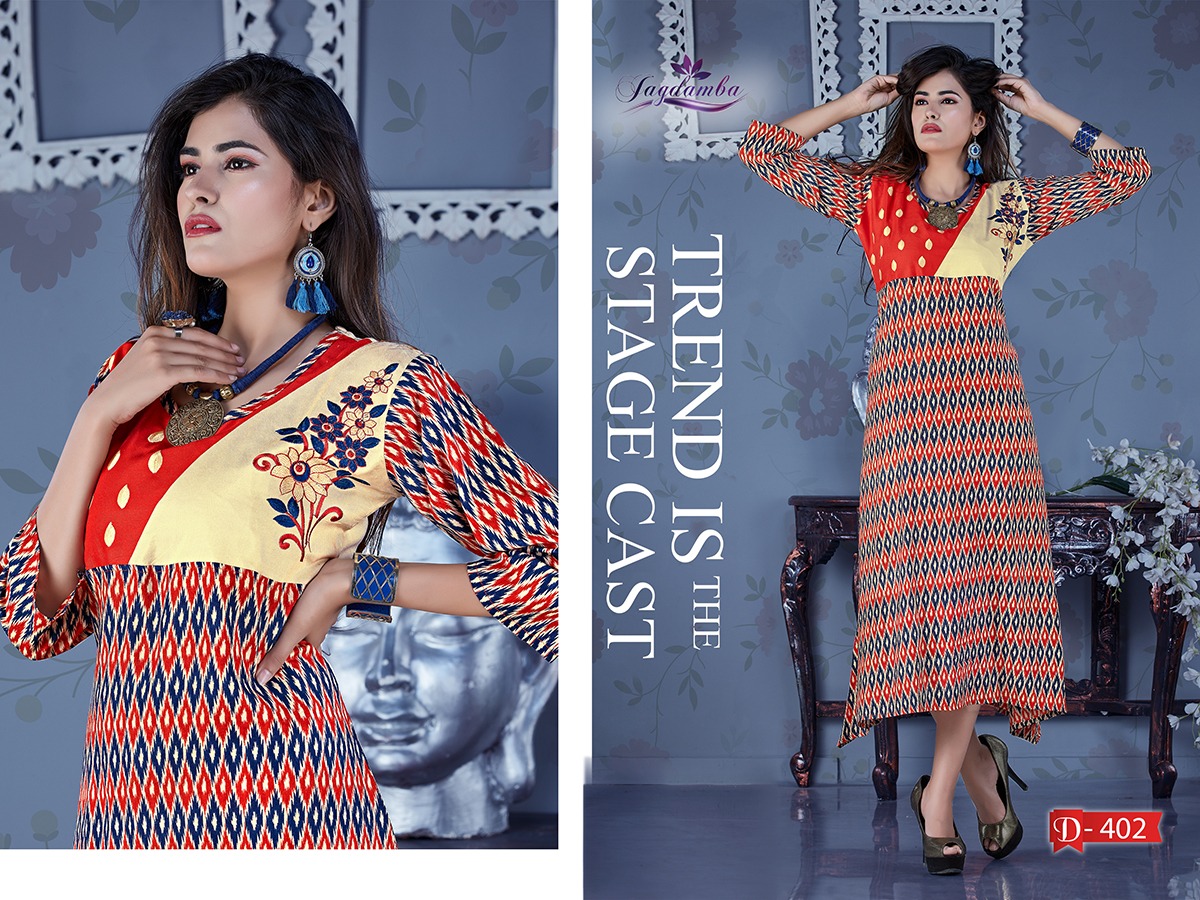 Ekit By Jagdamba 401 To 408 Series Beautiful Stylish Fancy Colorful Casual Wear & Ethnic Wear & Ready To Wear Heavy Rayon Printed Kurtis At Wholesale Price