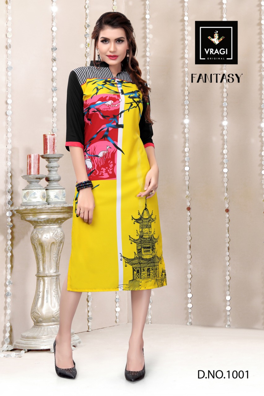 Fantasy By Vragi 1001 To 1008 Series Beautiful Colorful Stylish Fancy Casual Wear & Ethnic Wear & Ready To Wear Royal Crepe Digital Printed Kurtis At Wholesale Price