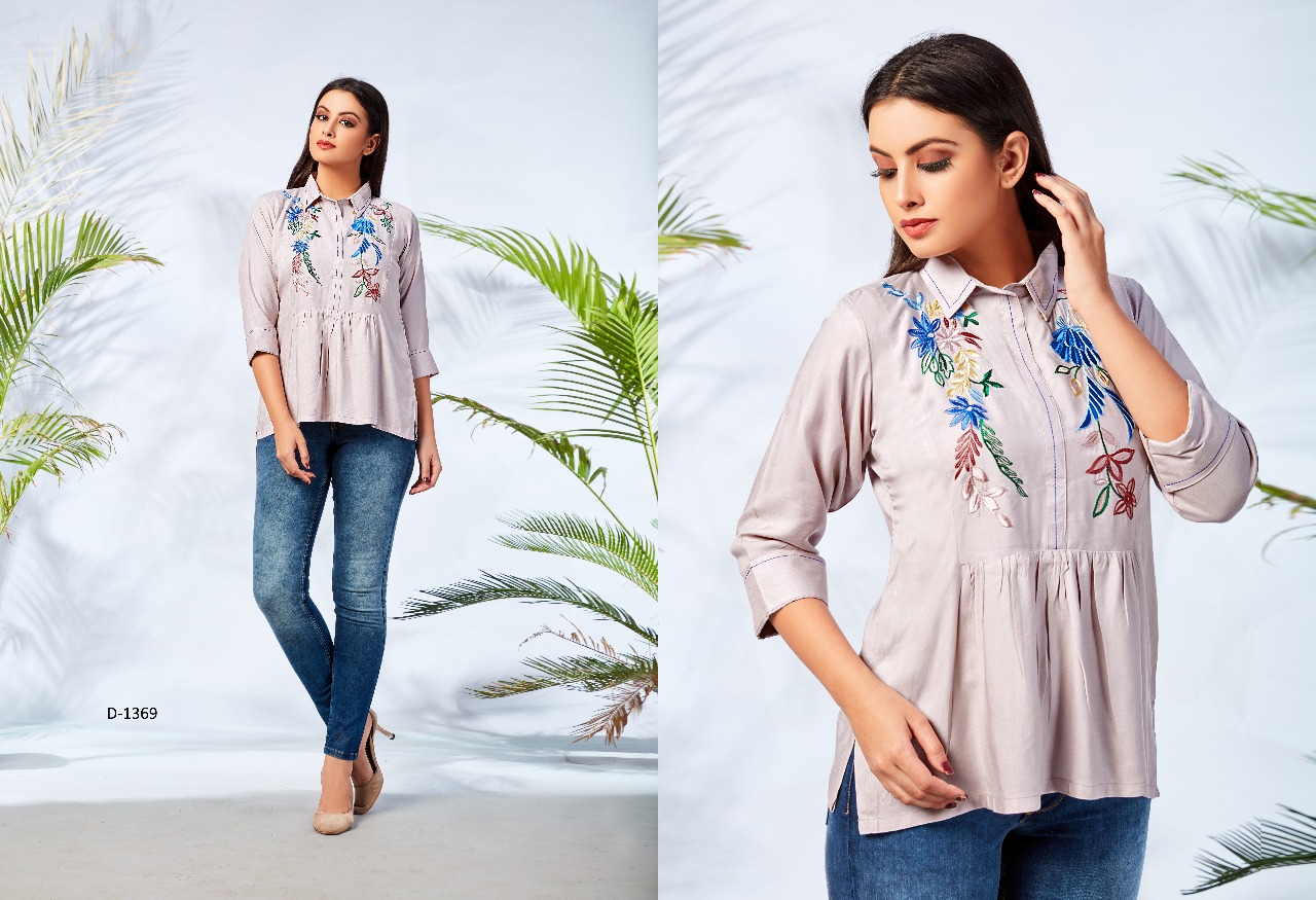 Fiona Vol-4 Nx By Mrigya 1362 To 1369 Series Beautiful Stylish Fancy Colorful Casual Wear & Ready To Wear & Ethnic Wear Heavy Rayon Embroidered Tops At Wholesale Price