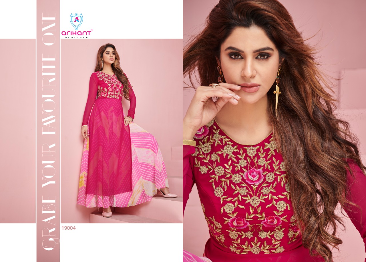 Glam Up By Arihant Designer 19001 To 19008 Series Beautiful Colorful Stylish Fancy Party Wear & Ethnic Wear & Ready To Wear Apple Georgette Embroidered Kurtis At Wholesale Price