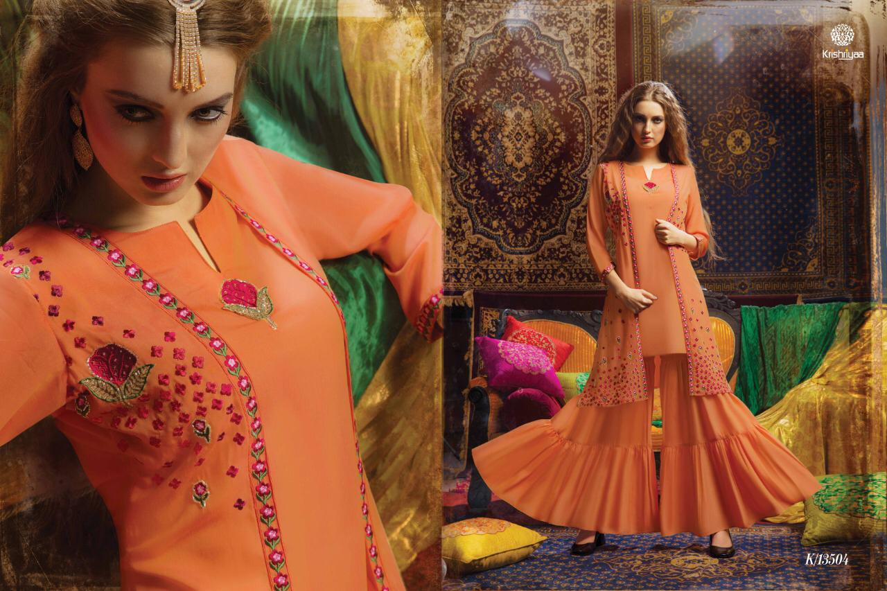 Glorious By Krishriyaa 13501 To 13507 Series Designer Beautiful Stylish Fancy Colorful Party Wear & Ethnic Wear Muslin Kurtis With Muslin & Silk Jacquard Palazzo At Wholesale Price
