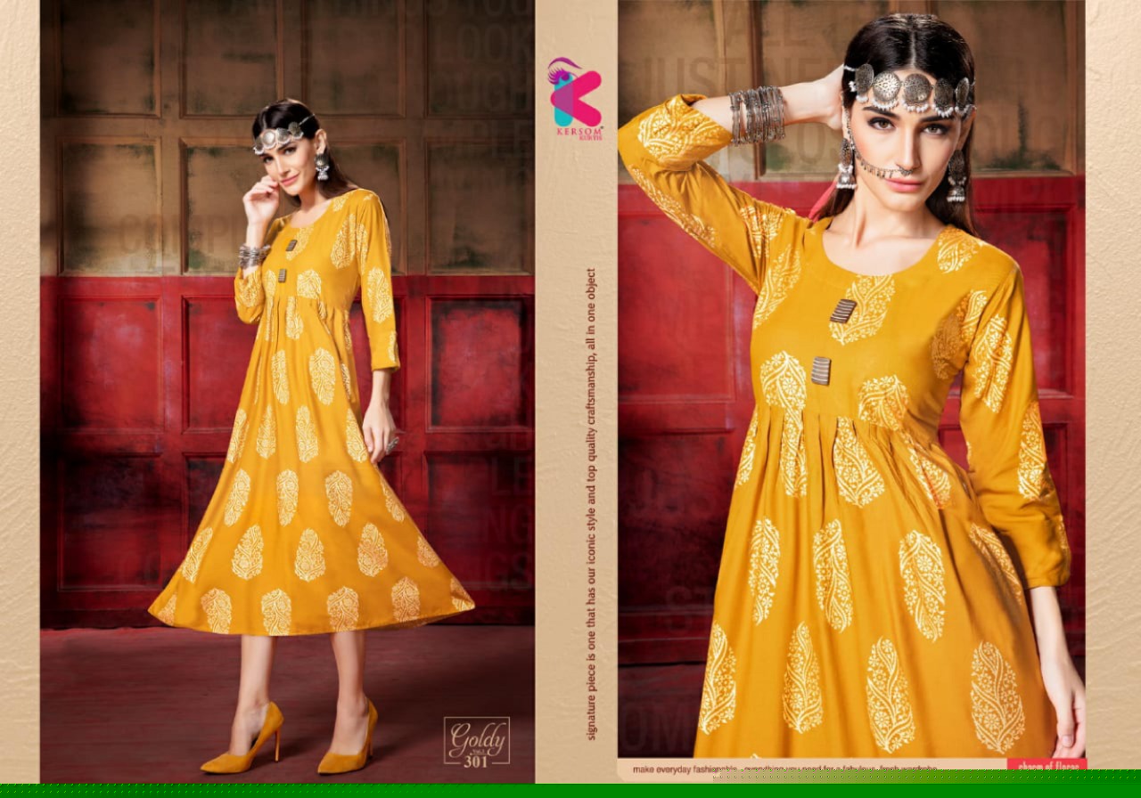 Goldy Vol-3 By Kersom 301 To 308 Series Beautiful Stylish Fancy Colorful Casual Wear & Ethnic Wear & Ready To Wear Heavy Rayon Gold Printed Kurtis At Wholesale Price