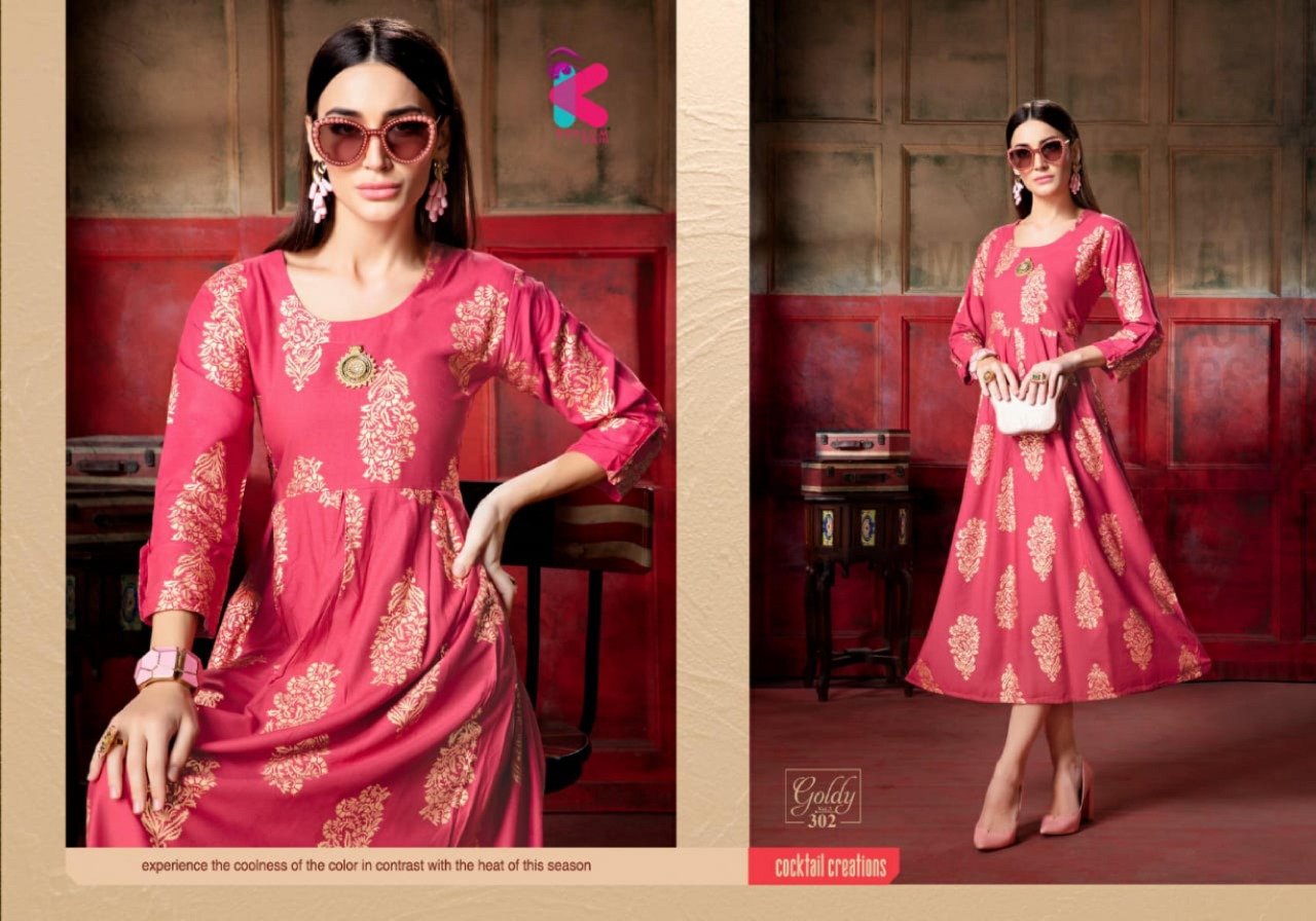 Goldy Vol-3 By Kersom 301 To 308 Series Beautiful Stylish Fancy Colorful Casual Wear & Ethnic Wear & Ready To Wear Heavy Rayon Gold Printed Kurtis At Wholesale Price