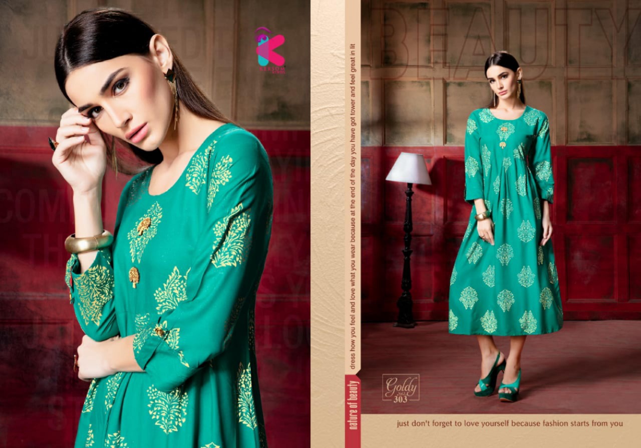 Goldy Vol-3 By Kersom 301 To 308 Series Beautiful Stylish Fancy Colorful Casual Wear & Ethnic Wear & Ready To Wear Heavy Rayon Gold Printed Kurtis At Wholesale Price