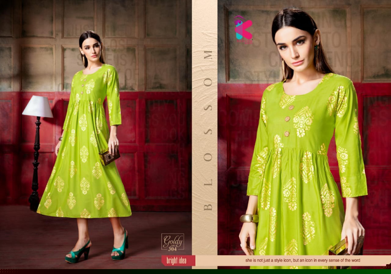 Goldy Vol-3 By Kersom 301 To 308 Series Beautiful Stylish Fancy Colorful Casual Wear & Ethnic Wear & Ready To Wear Heavy Rayon Gold Printed Kurtis At Wholesale Price