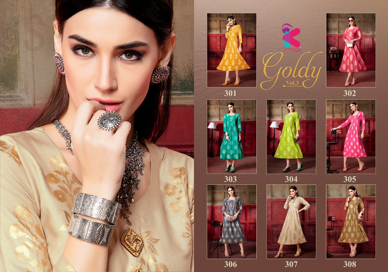 Goldy Vol-3 By Kersom 301 To 308 Series Beautiful Stylish Fancy Colorful Casual Wear & Ethnic Wear & Ready To Wear Heavy Rayon Gold Printed Kurtis At Wholesale Price