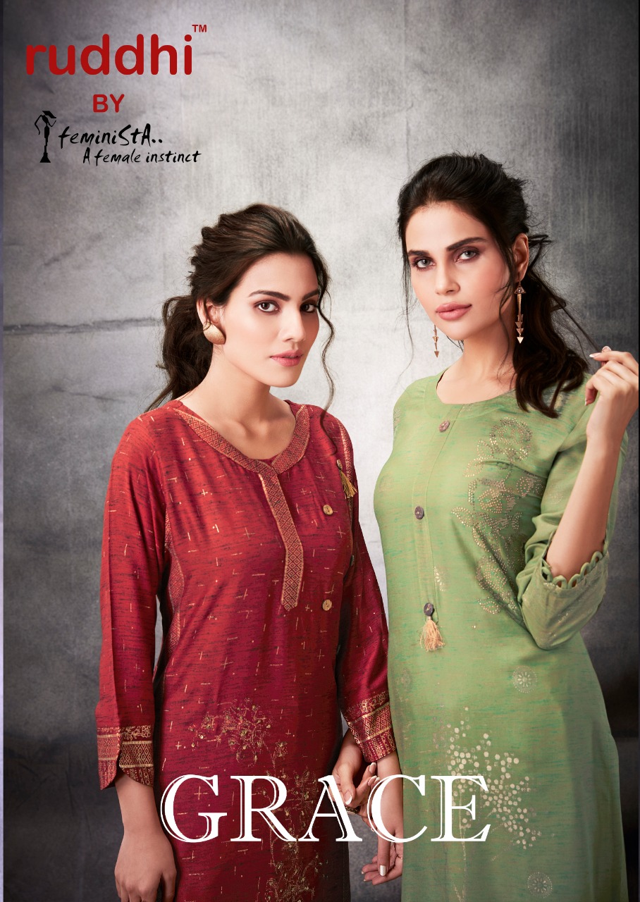 Grace By Ruddhi Dressline 1901 To 1908 Series Beautiful Stylish Fancy Colorful Casual Wear & Ethnic Wear & Ready To Wear Pure Rayon Foil Kurtis With Bottom At Wholesale Price