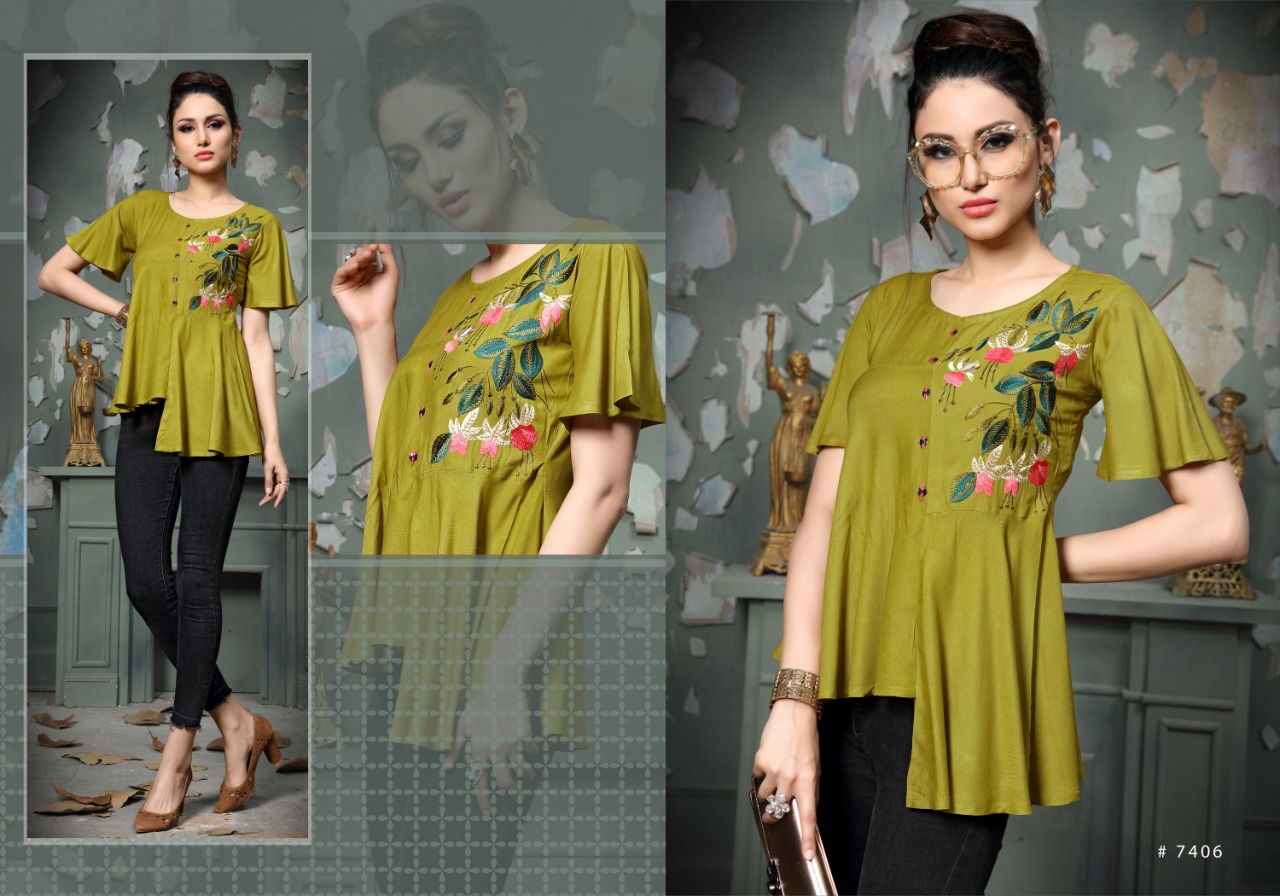 Heer By Micro Designer 7401 To 7406 Series Stylish Fancy Beautiful Colorful Casual Wear & Ethnic Wear Rayon Slub With Fancy Embroidery Kurtis At Wholesale Price