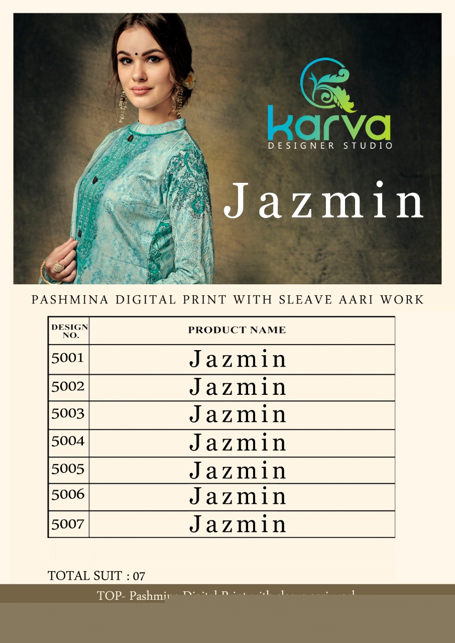 Jazmin By Karva Designer Studio 5001 To 5007 Series Winter Collection Suits Beautiful Suits Stylish Fancy Colorful Winter Wear & Ethnic Wear Collection Pure Pashmina Dresses At Wholesale Price