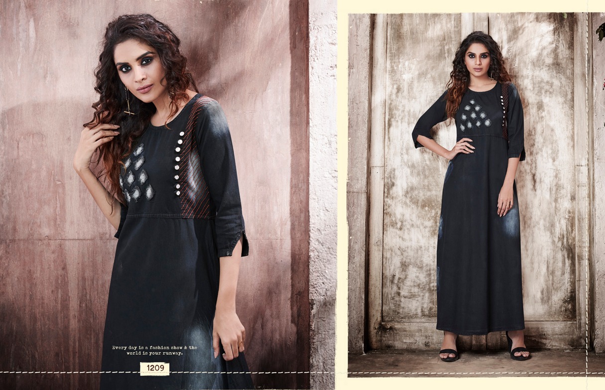 Stock Kyara By Kajree Fashion 1200 To 1209 Seires Beautiful Stylish Fancy Colorful Casual Wear & Ethnic Wear & Ready To Wear Denim Gown With Embroidery Gown At Wholesale Price