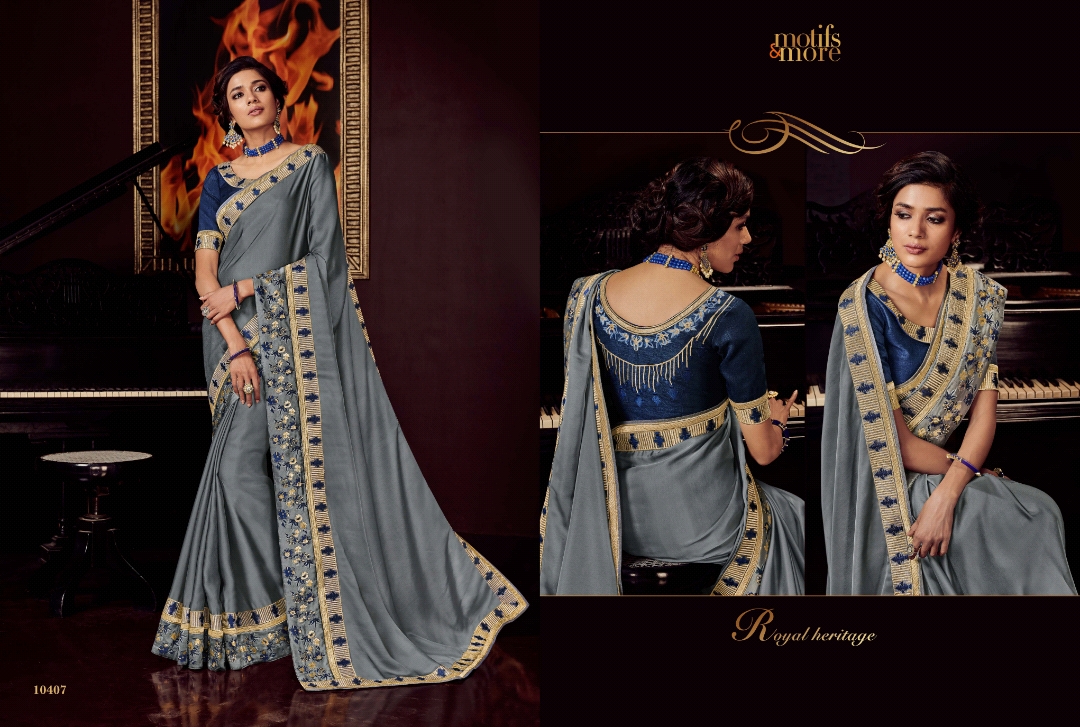 M & M Vol-4 By Motifs & More 10401 To 10419 Series Indian Traditional Wear Collection Beautiful Stylish Fancy Colorful Party Wear & Occasional Wear Georgette Satin Embroidered Sarees At Wholesale Price