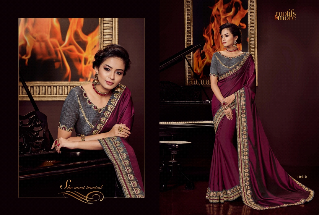 M & M Vol-4 By Motifs & More 10401 To 10419 Series Indian Traditional Wear Collection Beautiful Stylish Fancy Colorful Party Wear & Occasional Wear Georgette Satin Embroidered Sarees At Wholesale Price