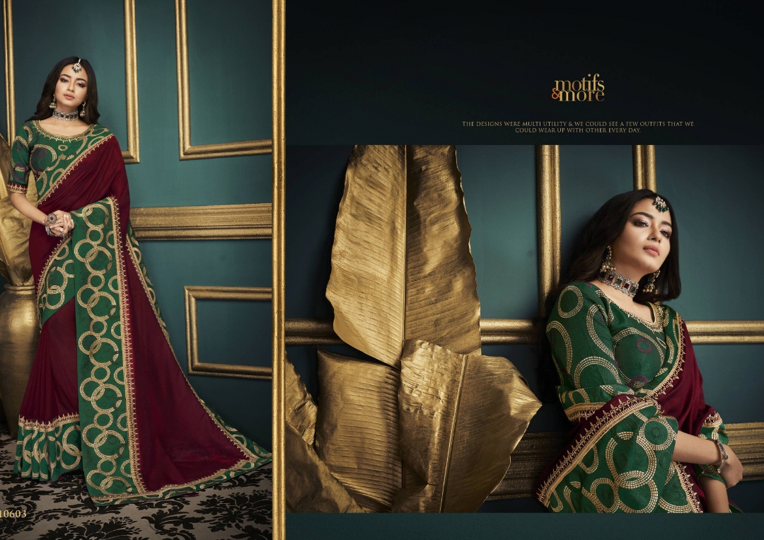 M & M Vol-6 By Motifs & More 10601 To 10615 Series Indian Traditional Wear Collection Beautiful Stylish Fancy Colorful Party Wear & Occasional Wear Fancy Embroidered Sarees At Wholesale Price