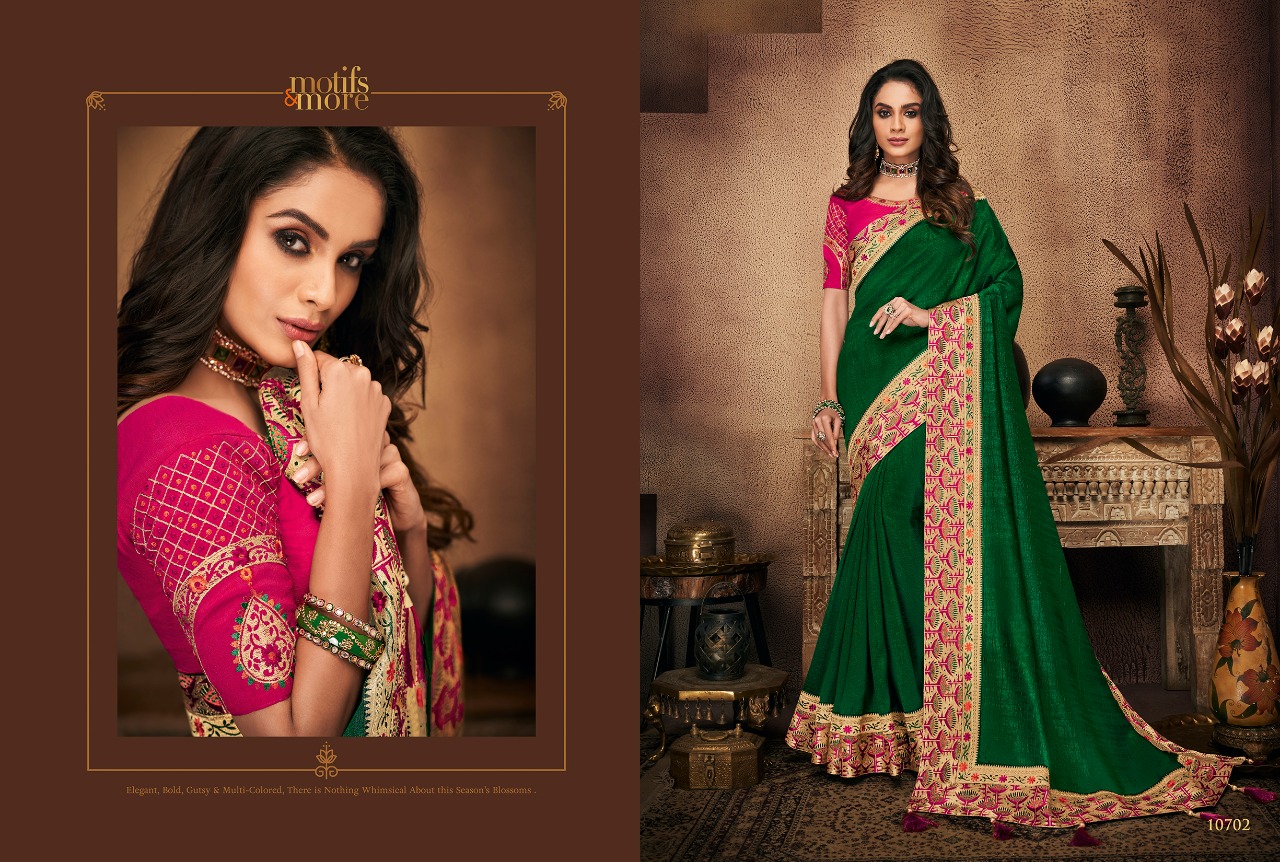 M & M Vol-7 By Motifs & More 10701 To 10715 Series Indian Traditional Wear Collection Beautiful Stylish Fancy Colorful Party Wear & Occasional Wear Fancy Embroidered Sarees At Wholesale Price