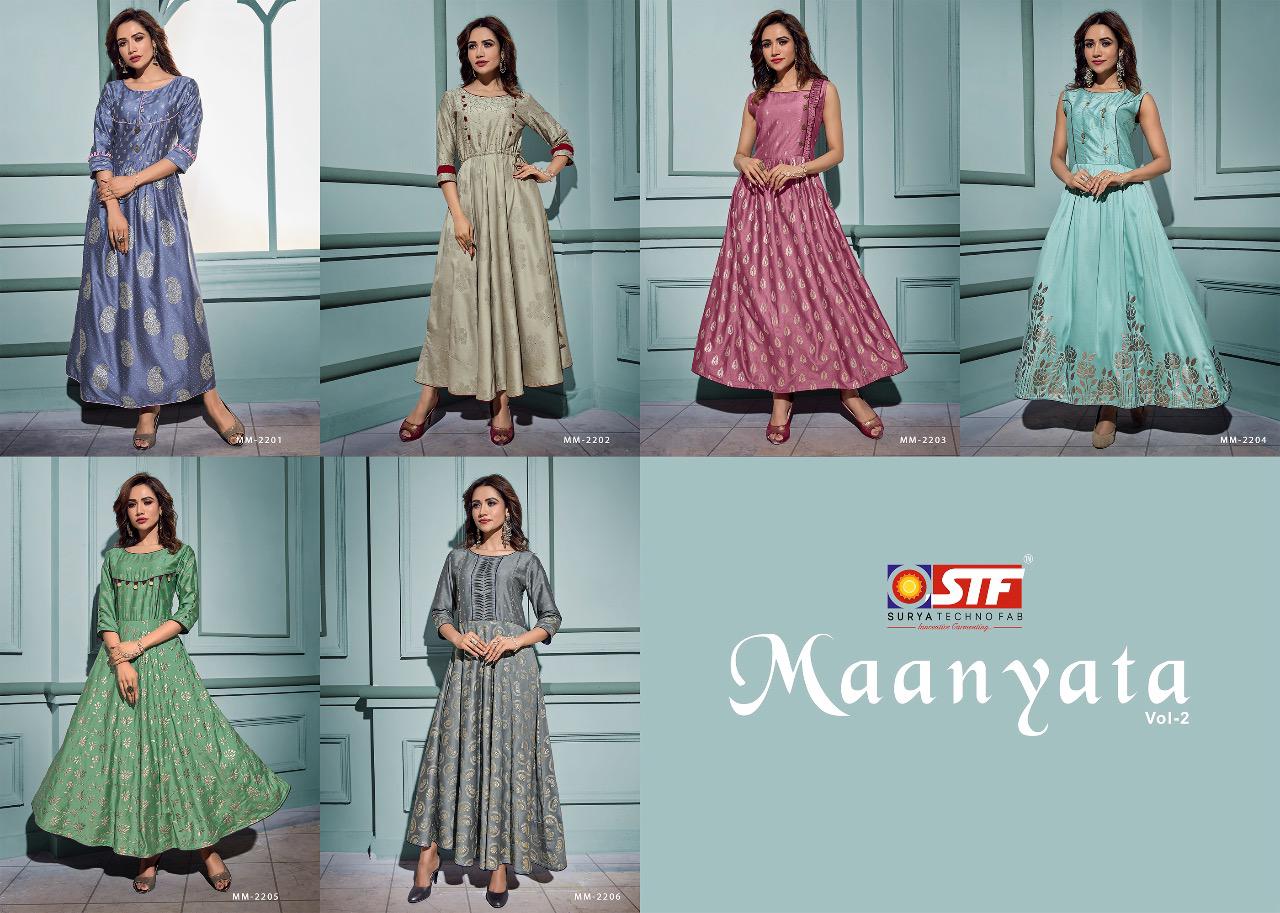 Maanyata Vol-2 Surya Techno Fab 2201 To 2206 Series Gowns Collection Beautiful Stylish Fancy Colorful Party Wear & Occasional Wear Light Weight Satin Silk Gowns At Wholesale Price