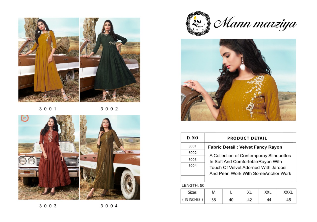 Mann Marziya By Rang Kala 3001 To 3004 Series Beautiful Stylish Fancy Colorful Casual Wear & Ethnic Wear & Ready To Wear Velvet Fancy Rayon Embroidery Gowns At Wholesale Price