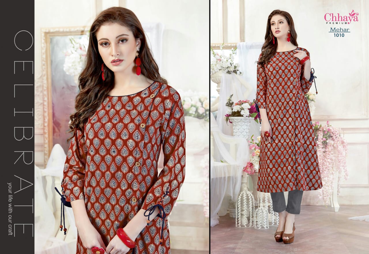 Mehar By Chhaya 1001 To 1010 Series Indian Wear Collection Beautiful Stylish Fancy Colorful Party Wear & Occasional Wear Cotton Printed Kurtis At Wholesale Price