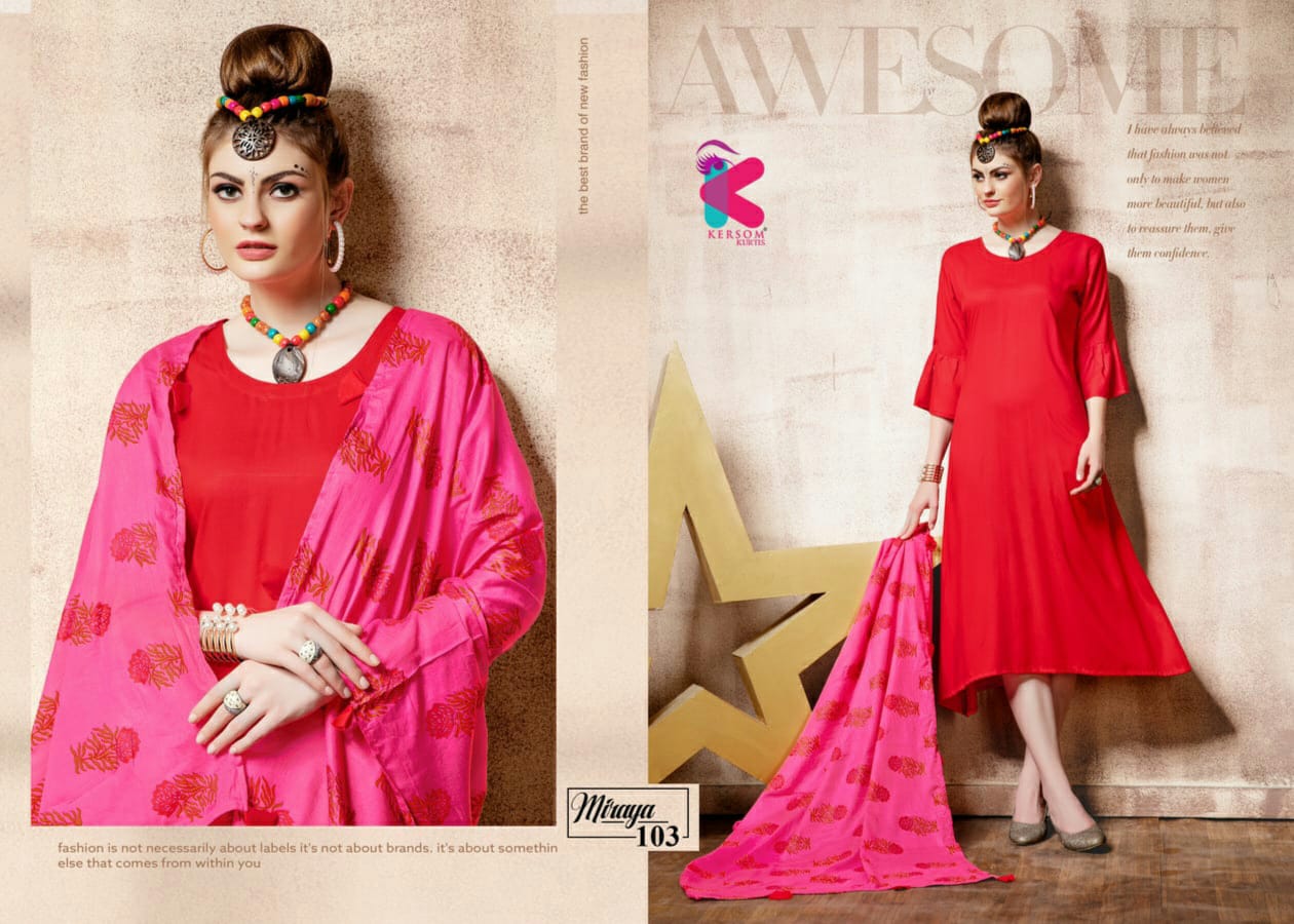 Miraya By Kersom 101 To 108 Series Beautiful Colorful Stylish Fancy Casual Wear & Ethnic Wear & Ready To Wear Rayon Silai Pattern Kurtis At Wholesale Price