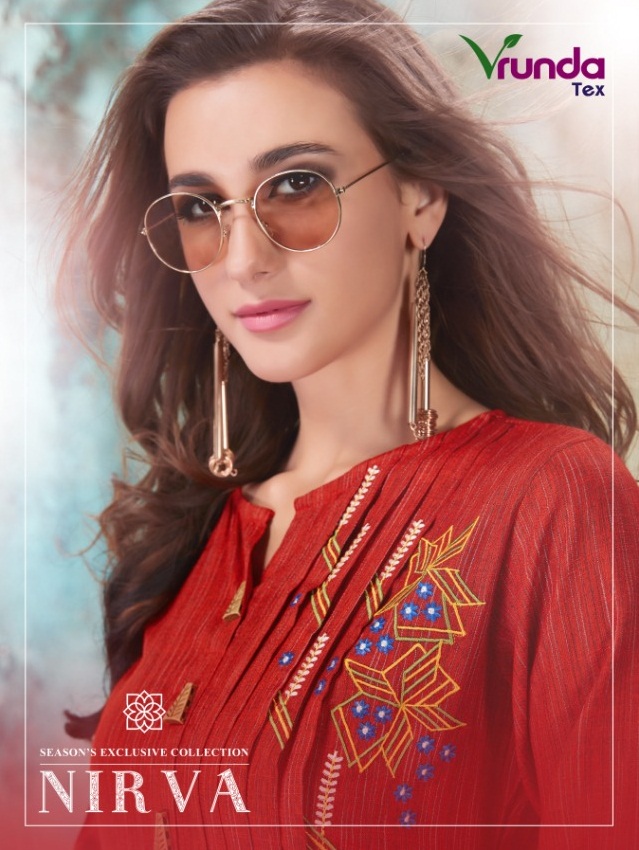 Nirva By Vrunda Tex  1131 To 1136 Series Designer Wear Collection Beautiful Stylish Fancy Colorful Party Wear & Occasional Wear Heavy Rayon Duplex Slub With Embroidery Kurti   At Wholesale Price