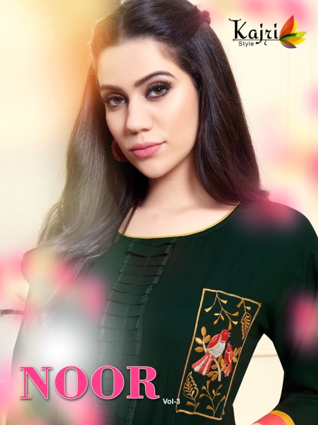 Noor Vol-3 By Kajri Style 3001 To 3008 Series Beautiful Stylish Colorful Fancy Party Wear & Ethnic Wear & Ready To Wear Heavy Rayon With Heavy Work Kurtis At Wholesale Price