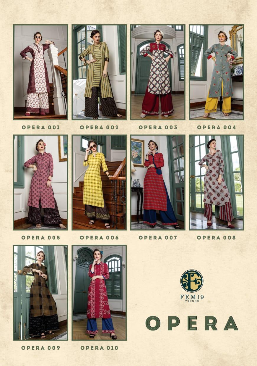 Opera By Femi9 Trends 001 To 010 Series Beautiful Colorful Stylish Fancy Casual Wear & Ethnic Wear & Ready To Wear Heavy Rayon Printed Kurtis With Palazzo At Wholesale Price
