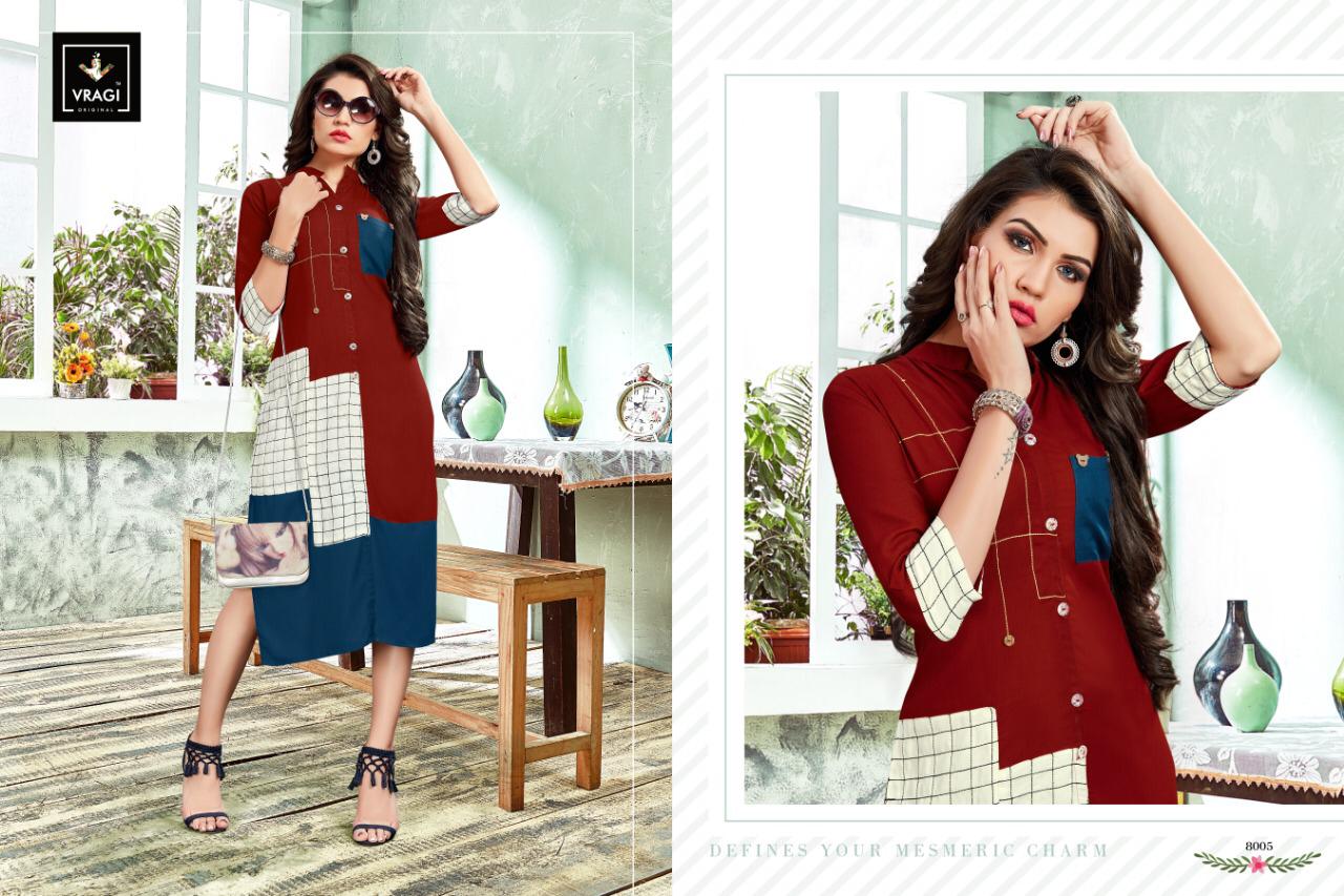 Queen By Vragi 8001 To 8008 Series Beautiful Colorful Stylish Fancy Casual Wear & Ethnic Wear & Ready To Wear Heavy Rayon Printed Kurtis At Wholesale Price