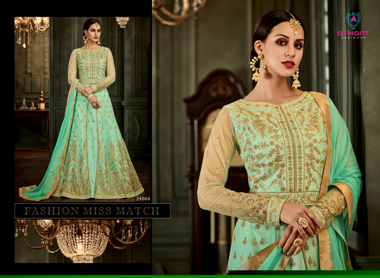 Rangat By Arihant Designer 34001 To 34005 Series Designer Anarkali Suits Collection Beautiful Stylish Fancy Colorful Party Wear & Occasional Wear Silk & Net Embroidered Dresses At Wholesale Price
