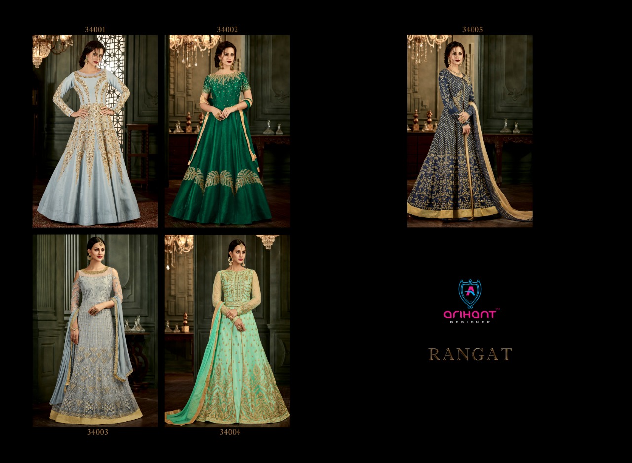 Rangat By Arihant Designer 34001 To 34005 Series Designer Anarkali Suits Collection Beautiful Stylish Fancy Colorful Party Wear & Occasional Wear Silk & Net Embroidered Dresses At Wholesale Price