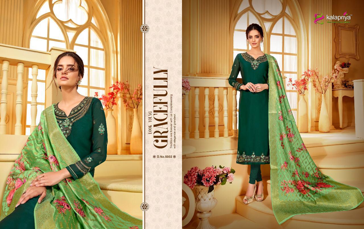 Rim Zim Vol -5 By Kalapriya 5001 To 5005 Series Beautiful Suits Colorful Stylish Fancy Colorful Casual Wear & Ethnic Wear Heavy Satin Georgette With Embroidery Dresses At Wholesale Price