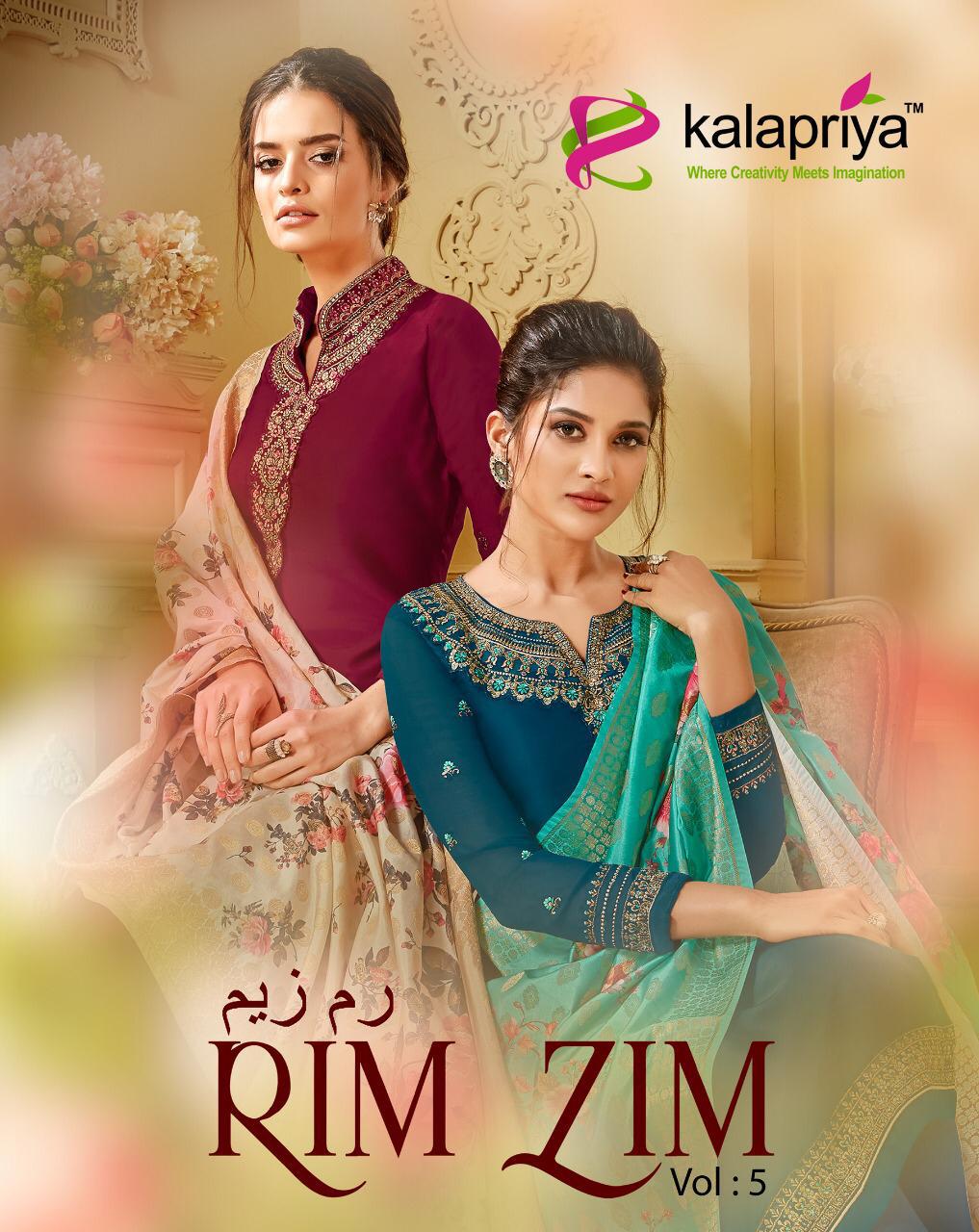 Rim Zim Vol -5 By Kalapriya 5001 To 5005  Series Beautiful Suits Colorful Stylish Fancy Colorful Casual Wear & Ethnic Wear Heavy Satin Georgette With Embroidery Dresses At Wholesale Price