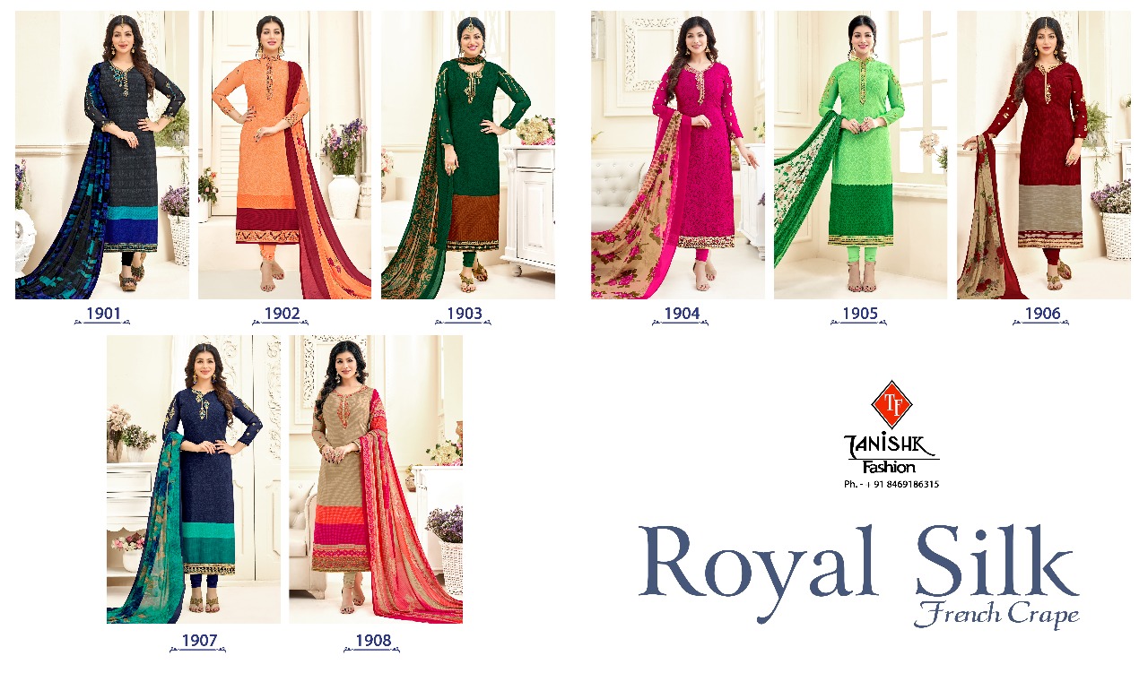 Royal Silk By Tanishk Fashion 1901 To 1908 Series Beautiful Stylish Fancy Colorful Fancy Designer Party Wear & Occasional Wear French Crepe Embroidered Dresses At Wholesale Price